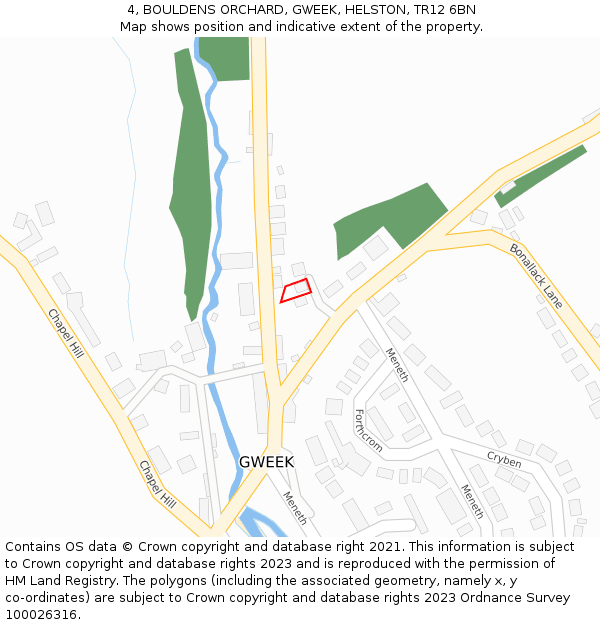 4, BOULDENS ORCHARD, GWEEK, HELSTON, TR12 6BN: Location map and indicative extent of plot