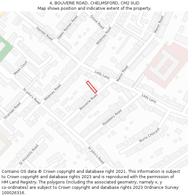 4, BOUVERIE ROAD, CHELMSFORD, CM2 0UD: Location map and indicative extent of plot