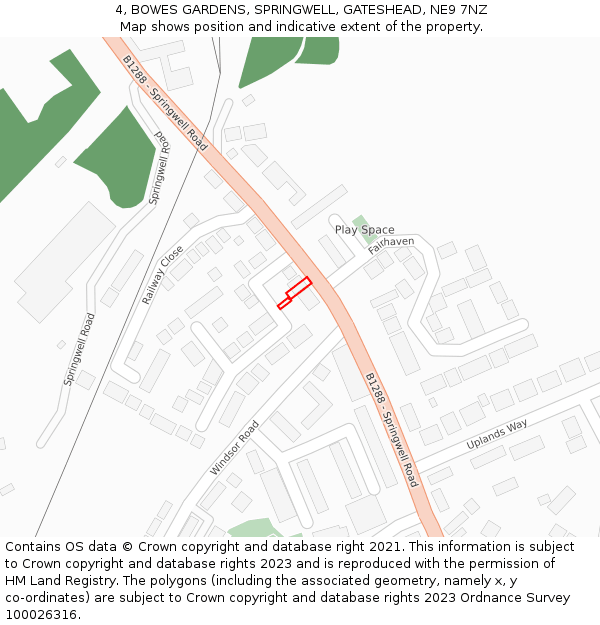 4, BOWES GARDENS, SPRINGWELL, GATESHEAD, NE9 7NZ: Location map and indicative extent of plot