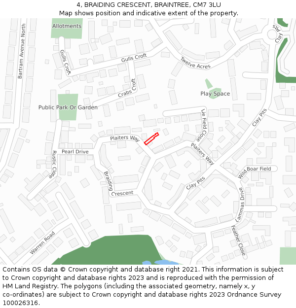 4, BRAIDING CRESCENT, BRAINTREE, CM7 3LU: Location map and indicative extent of plot