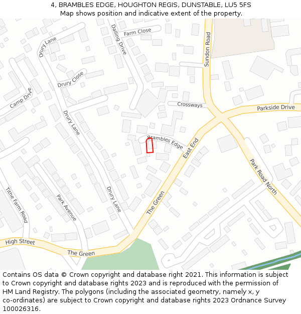 4, BRAMBLES EDGE, HOUGHTON REGIS, DUNSTABLE, LU5 5FS: Location map and indicative extent of plot