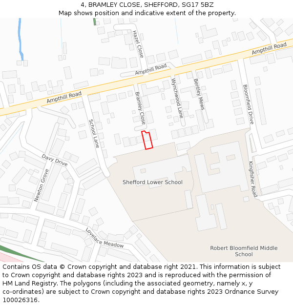 4, BRAMLEY CLOSE, SHEFFORD, SG17 5BZ: Location map and indicative extent of plot