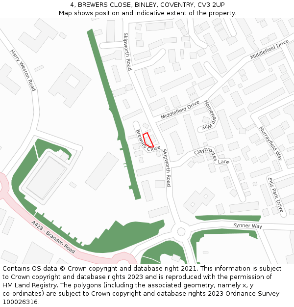 4, BREWERS CLOSE, BINLEY, COVENTRY, CV3 2UP: Location map and indicative extent of plot