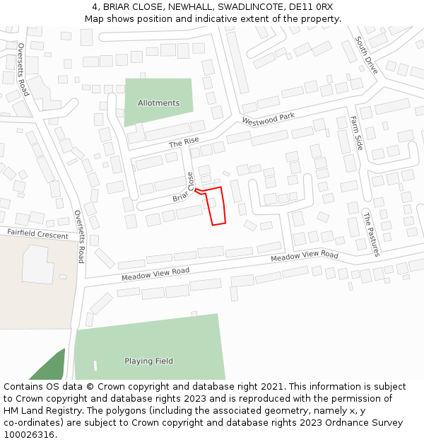 4, BRIAR CLOSE, NEWHALL, SWADLINCOTE, DE11 0RX: Location map and indicative extent of plot