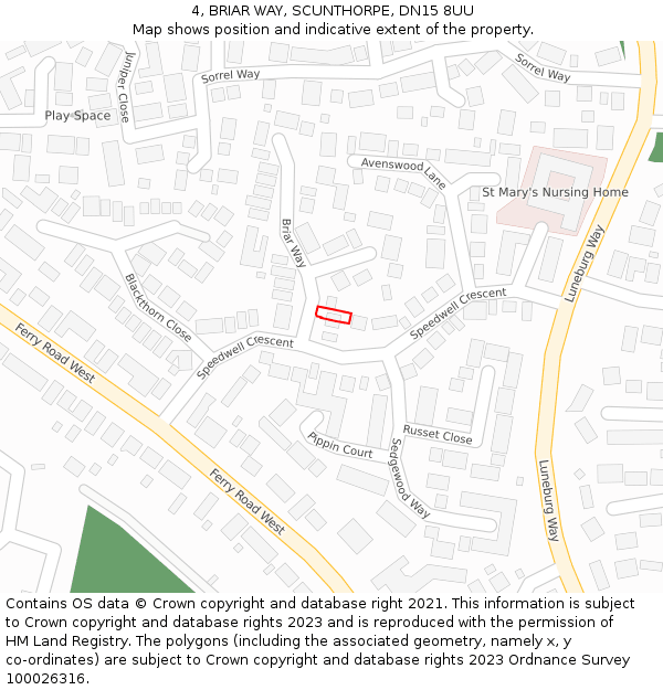 4, BRIAR WAY, SCUNTHORPE, DN15 8UU: Location map and indicative extent of plot