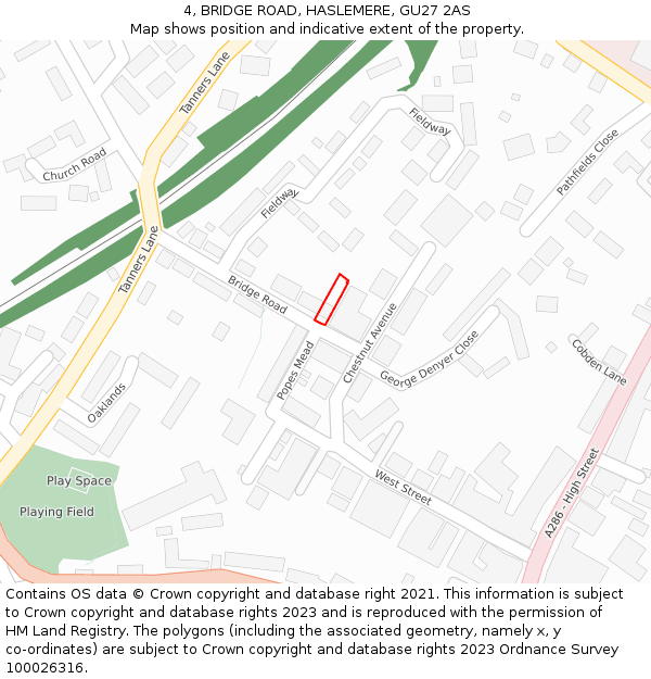 4, BRIDGE ROAD, HASLEMERE, GU27 2AS: Location map and indicative extent of plot