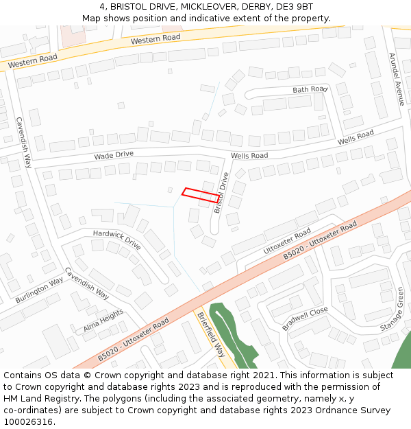 4, BRISTOL DRIVE, MICKLEOVER, DERBY, DE3 9BT: Location map and indicative extent of plot