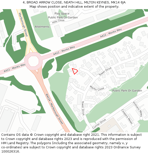 4, BROAD ARROW CLOSE, NEATH HILL, MILTON KEYNES, MK14 6JA: Location map and indicative extent of plot