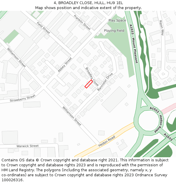 4, BROADLEY CLOSE, HULL, HU9 1EL: Location map and indicative extent of plot