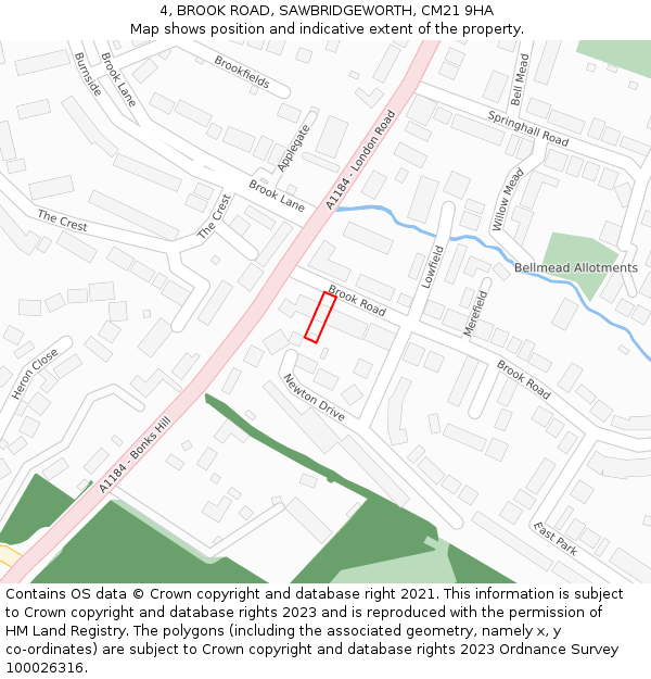 4, BROOK ROAD, SAWBRIDGEWORTH, CM21 9HA: Location map and indicative extent of plot