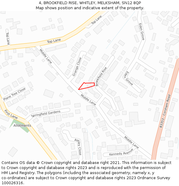 4, BROOKFIELD RISE, WHITLEY, MELKSHAM, SN12 8QP: Location map and indicative extent of plot