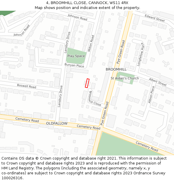 4, BROOMHILL CLOSE, CANNOCK, WS11 4RX: Location map and indicative extent of plot