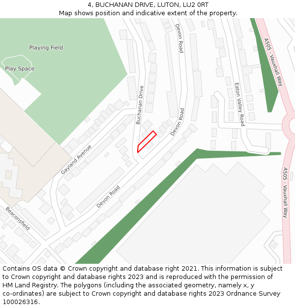 4, BUCHANAN DRIVE, LUTON, LU2 0RT: Location map and indicative extent of plot