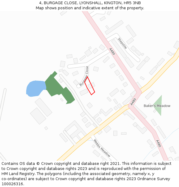 4, BURGAGE CLOSE, LYONSHALL, KINGTON, HR5 3NB: Location map and indicative extent of plot