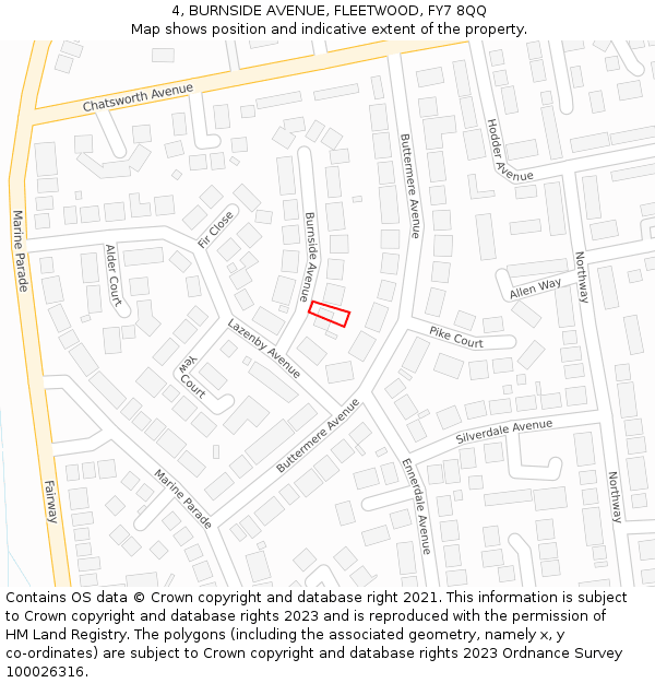 4, BURNSIDE AVENUE, FLEETWOOD, FY7 8QQ: Location map and indicative extent of plot