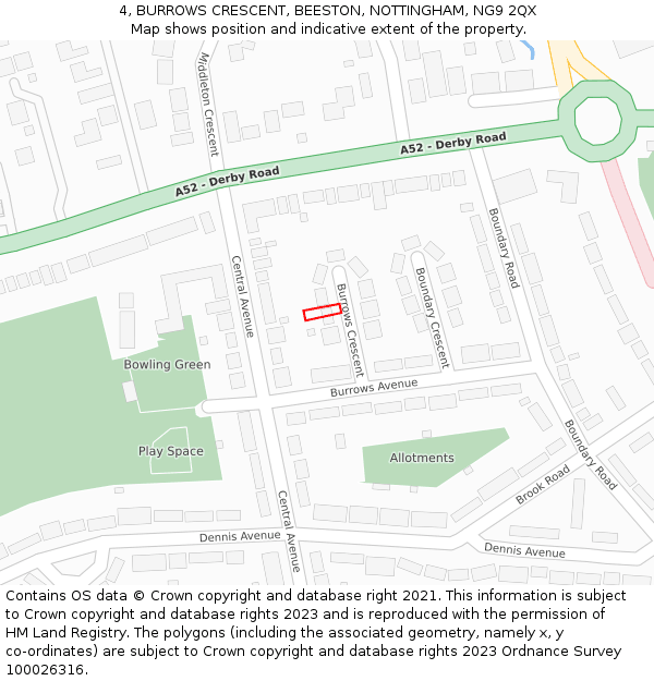 4, BURROWS CRESCENT, BEESTON, NOTTINGHAM, NG9 2QX: Location map and indicative extent of plot