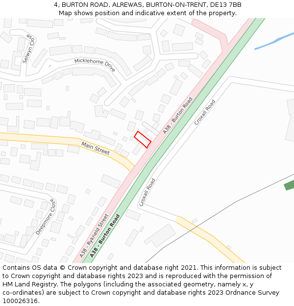 4, BURTON ROAD, ALREWAS, BURTON-ON-TRENT, DE13 7BB: Location map and indicative extent of plot