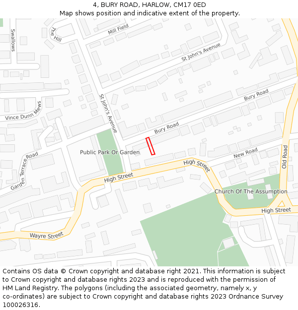 4, BURY ROAD, HARLOW, CM17 0ED: Location map and indicative extent of plot