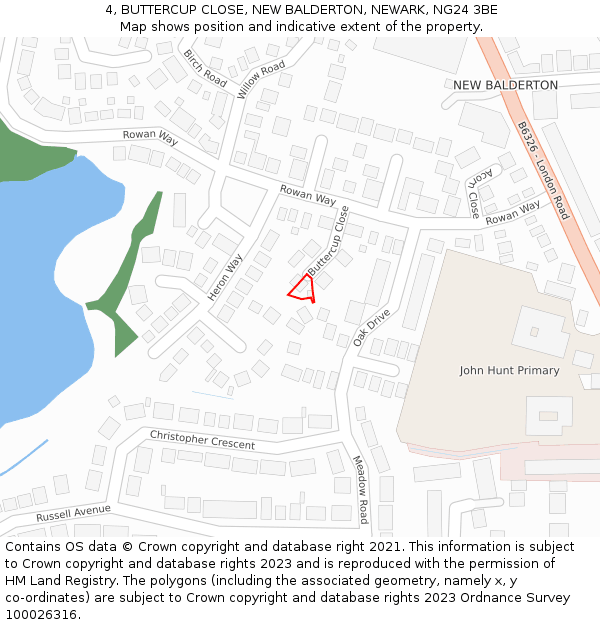 4, BUTTERCUP CLOSE, NEW BALDERTON, NEWARK, NG24 3BE: Location map and indicative extent of plot