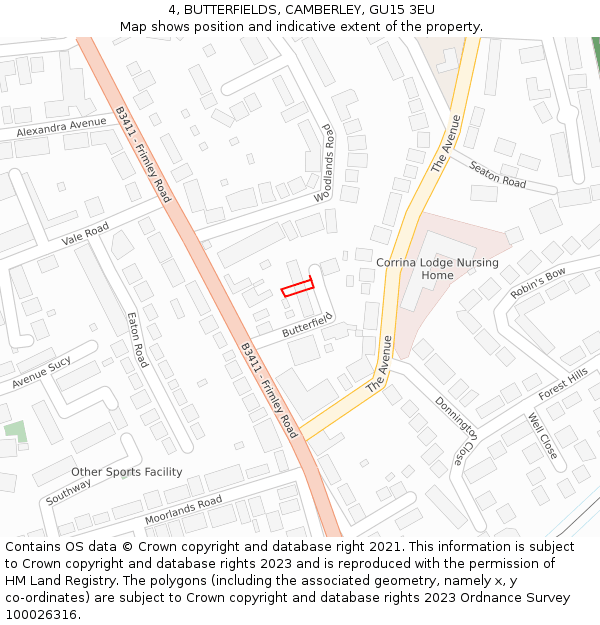 4, BUTTERFIELDS, CAMBERLEY, GU15 3EU: Location map and indicative extent of plot