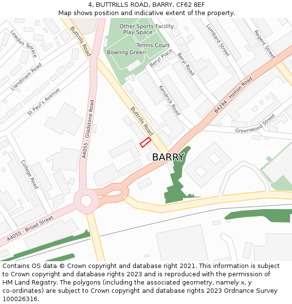 4, BUTTRILLS ROAD, BARRY, CF62 8EF: Location map and indicative extent of plot