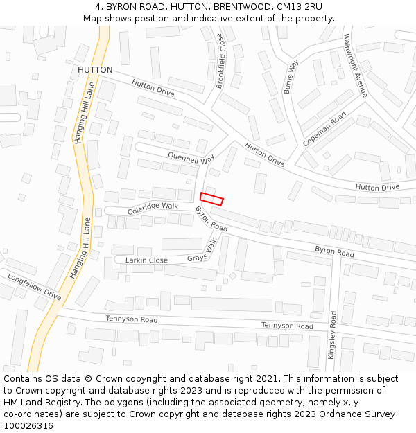 4, BYRON ROAD, HUTTON, BRENTWOOD, CM13 2RU: Location map and indicative extent of plot