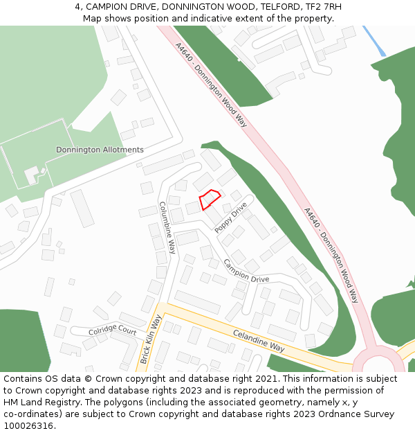 4, CAMPION DRIVE, DONNINGTON WOOD, TELFORD, TF2 7RH: Location map and indicative extent of plot