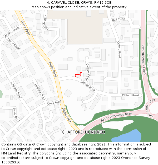 4, CARAVEL CLOSE, GRAYS, RM16 6QB: Location map and indicative extent of plot