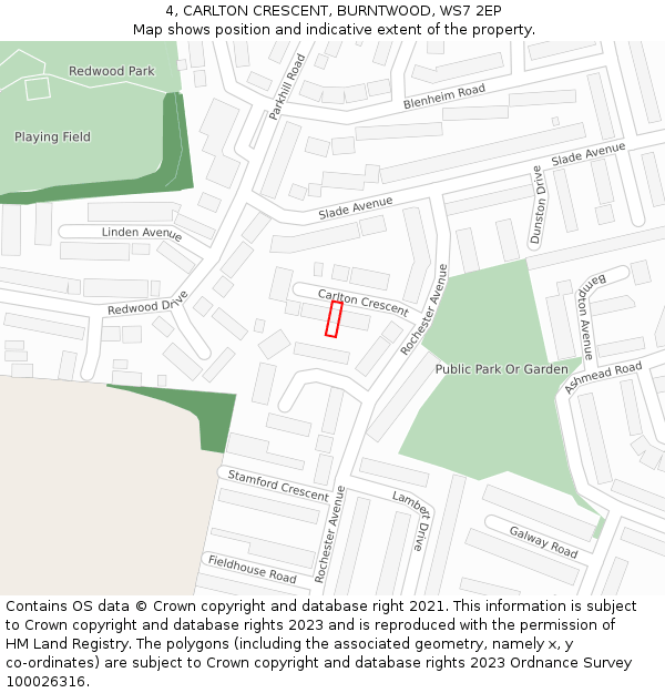 4, CARLTON CRESCENT, BURNTWOOD, WS7 2EP: Location map and indicative extent of plot