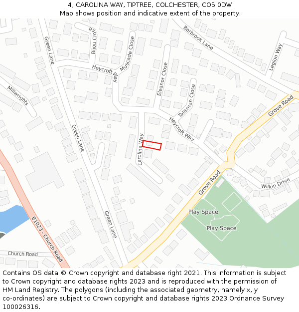 4, CAROLINA WAY, TIPTREE, COLCHESTER, CO5 0DW: Location map and indicative extent of plot