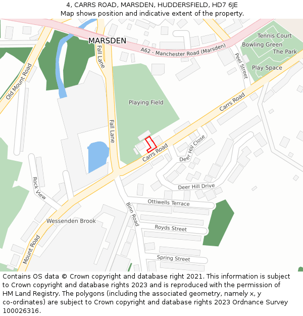 4, CARRS ROAD, MARSDEN, HUDDERSFIELD, HD7 6JE: Location map and indicative extent of plot