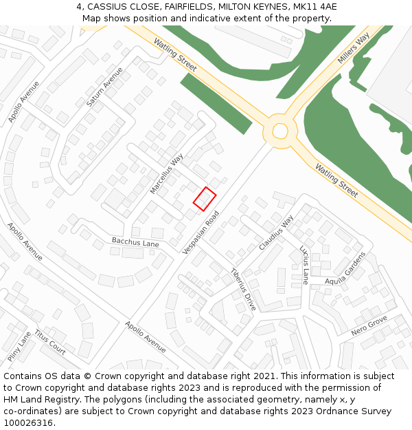 4, CASSIUS CLOSE, FAIRFIELDS, MILTON KEYNES, MK11 4AE: Location map and indicative extent of plot