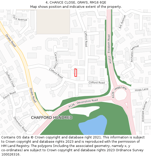 4, CHANCE CLOSE, GRAYS, RM16 6QE: Location map and indicative extent of plot