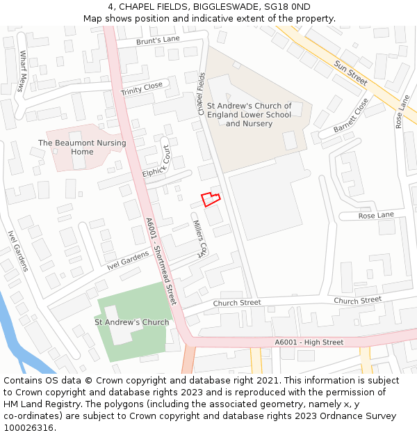 4, CHAPEL FIELDS, BIGGLESWADE, SG18 0ND: Location map and indicative extent of plot