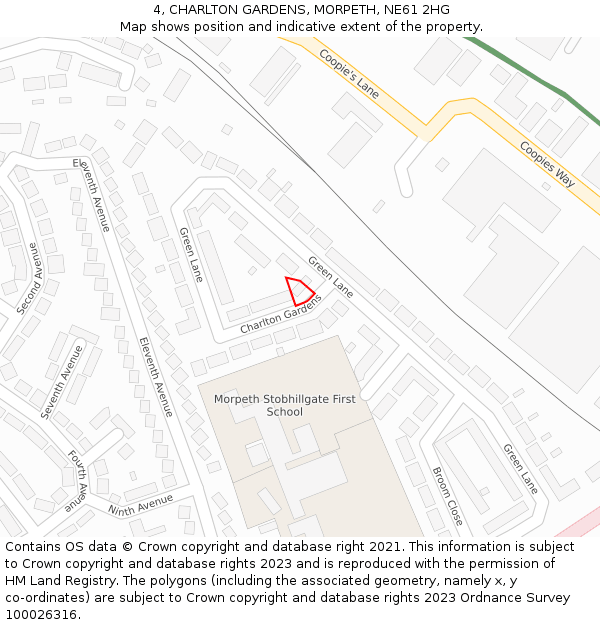 4, CHARLTON GARDENS, MORPETH, NE61 2HG: Location map and indicative extent of plot