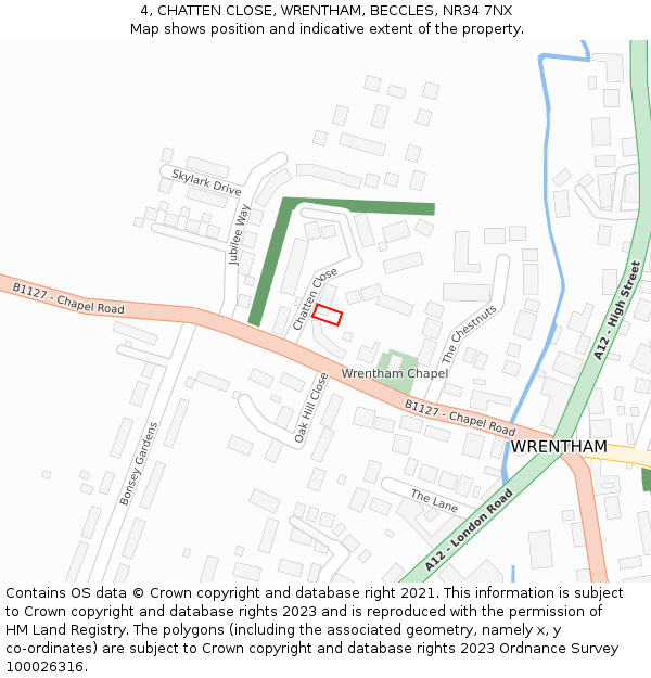 4, CHATTEN CLOSE, WRENTHAM, BECCLES, NR34 7NX: Location map and indicative extent of plot