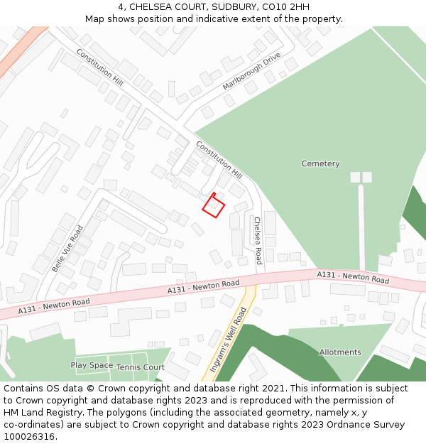 4, CHELSEA COURT, SUDBURY, CO10 2HH: Location map and indicative extent of plot