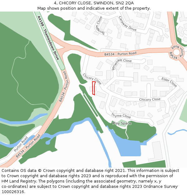 4, CHICORY CLOSE, SWINDON, SN2 2QA: Location map and indicative extent of plot