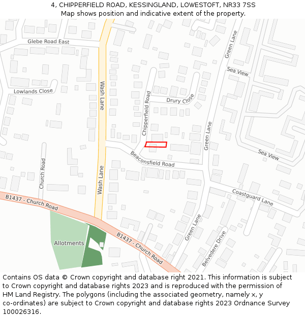 4, CHIPPERFIELD ROAD, KESSINGLAND, LOWESTOFT, NR33 7SS: Location map and indicative extent of plot