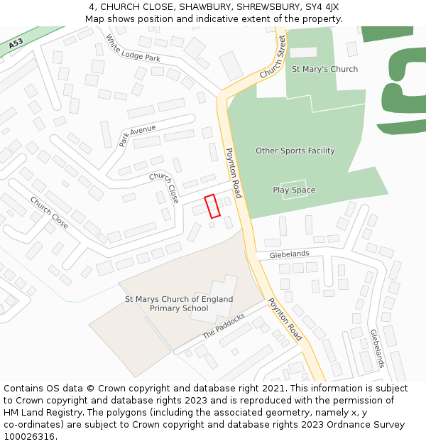 4, CHURCH CLOSE, SHAWBURY, SHREWSBURY, SY4 4JX: Location map and indicative extent of plot