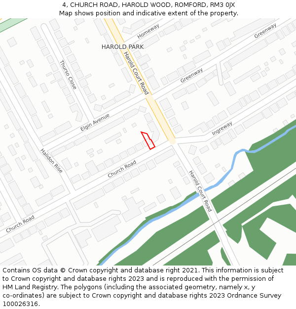 4, CHURCH ROAD, HAROLD WOOD, ROMFORD, RM3 0JX: Location map and indicative extent of plot