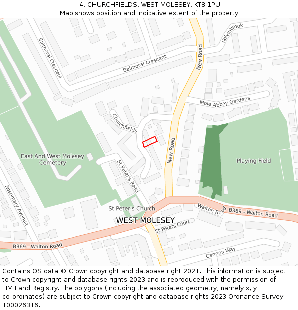 4, CHURCHFIELDS, WEST MOLESEY, KT8 1PU: Location map and indicative extent of plot