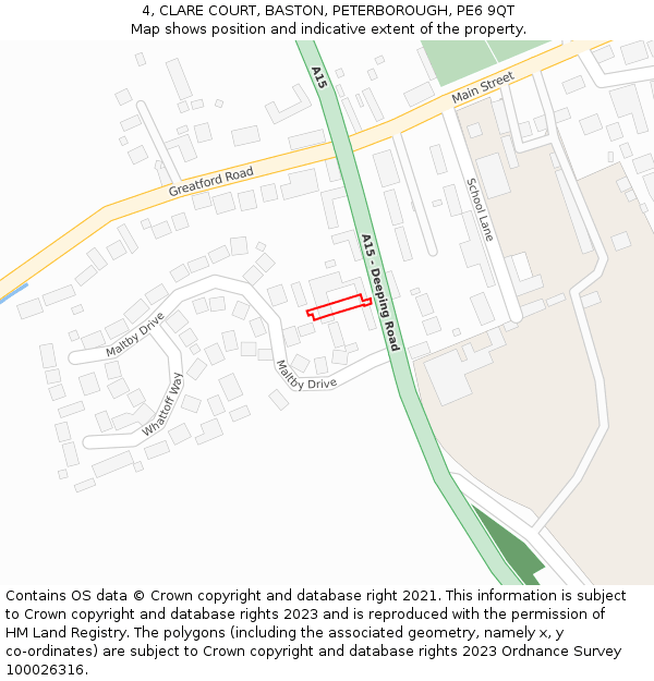4, CLARE COURT, BASTON, PETERBOROUGH, PE6 9QT: Location map and indicative extent of plot