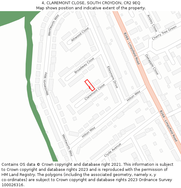 4, CLAREMONT CLOSE, SOUTH CROYDON, CR2 9EQ: Location map and indicative extent of plot