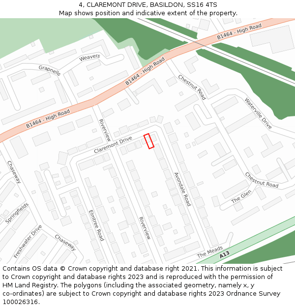 4, CLAREMONT DRIVE, BASILDON, SS16 4TS: Location map and indicative extent of plot