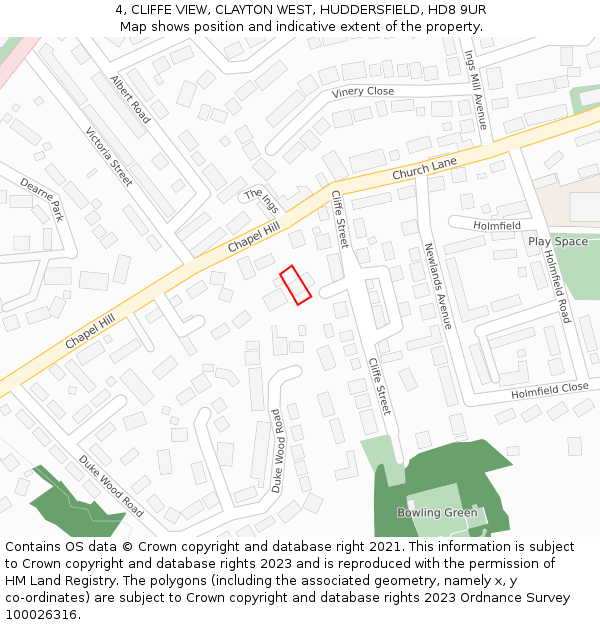 4, CLIFFE VIEW, CLAYTON WEST, HUDDERSFIELD, HD8 9UR: Location map and indicative extent of plot