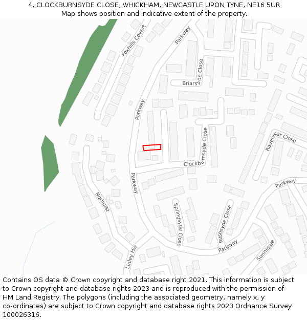 4, CLOCKBURNSYDE CLOSE, WHICKHAM, NEWCASTLE UPON TYNE, NE16 5UR: Location map and indicative extent of plot