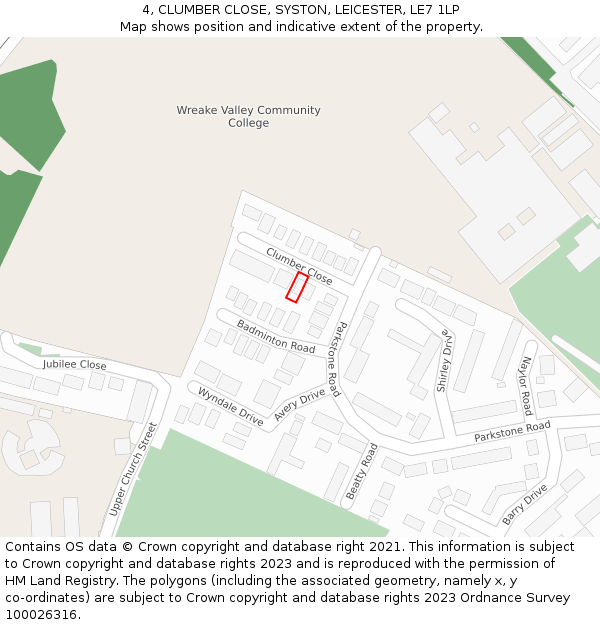 4, CLUMBER CLOSE, SYSTON, LEICESTER, LE7 1LP: Location map and indicative extent of plot