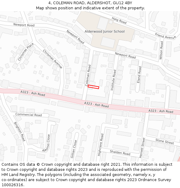 4, COLEMAN ROAD, ALDERSHOT, GU12 4BY: Location map and indicative extent of plot