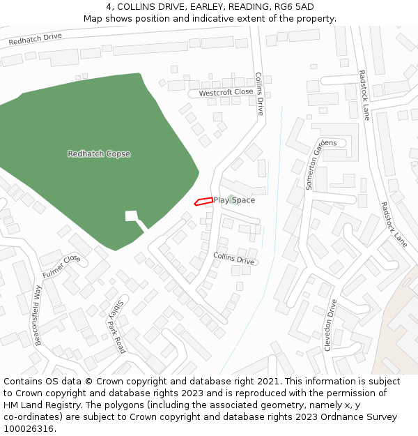 4, COLLINS DRIVE, EARLEY, READING, RG6 5AD: Location map and indicative extent of plot